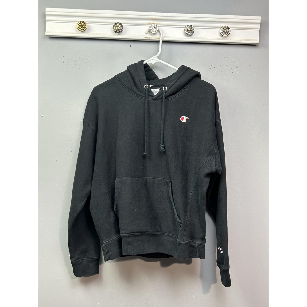 Champion Reverse Weave Hoodie Youth Large‎ Black Pullover Sweatshirt Embroidered